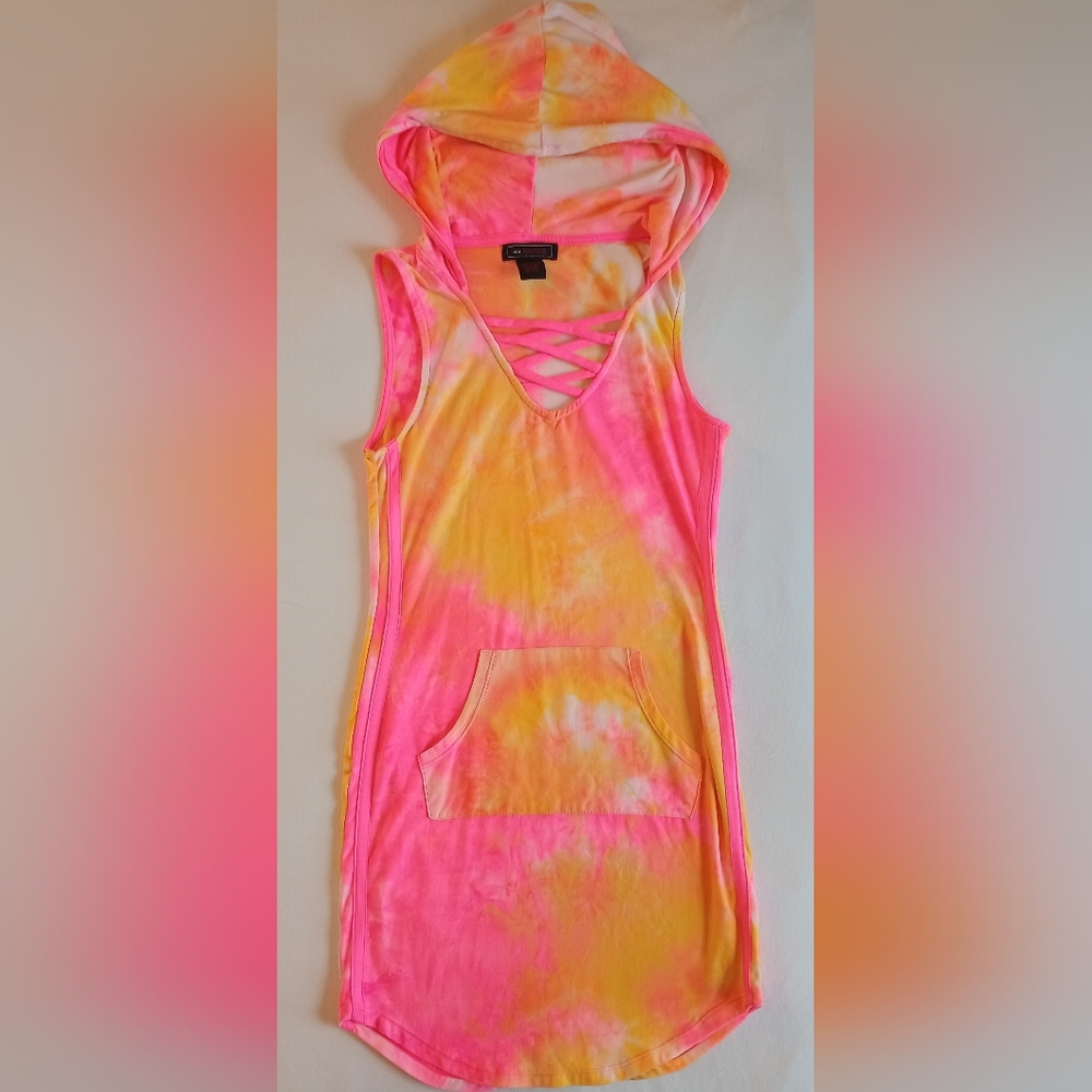 Ms. Maggie Neon Pink and Yellow Tie-Dye Stretch Hooded Sleeveless Dress